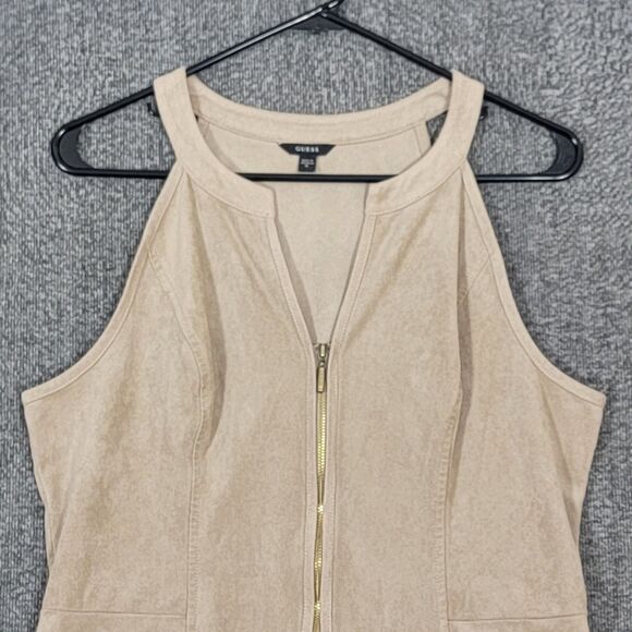 Guess Top Womens XL Tan Faux Suede Sleeveless V Neck Halter Zip Front Peplum - Picture 2 of 11